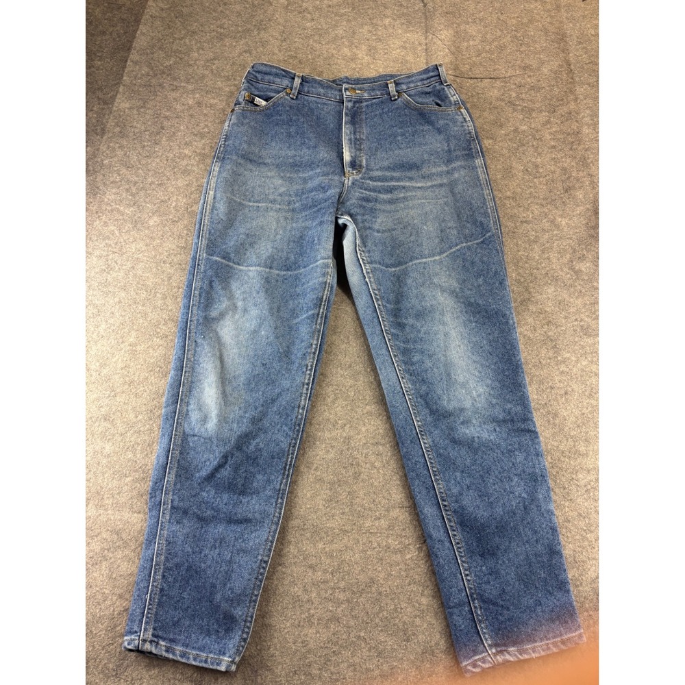 VTG Lee 32x28.5" High Waisted Tapered Leg Jeans Med Wash Blue Denim Made in USA